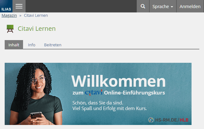 Screenshot des Startbildschirms des Citavi Online Einführungskurs