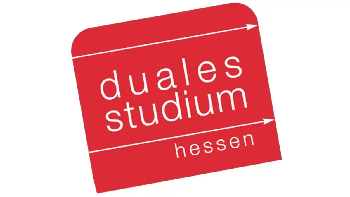 Logo des dualen Studiums in Hessen. Der Schriftzug "duales studium" steht in Weiß auf rotem Hintergrund, begleitet von einem kleinen Pfeil, der die Richtung anzeigt.