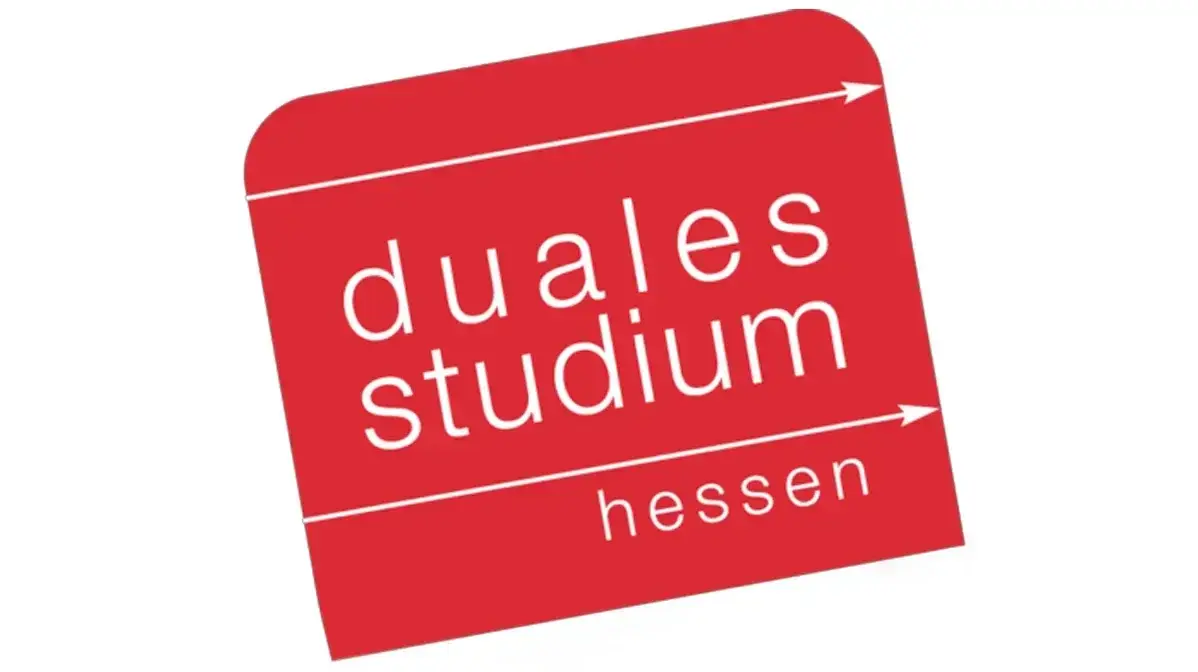 Logo des dualen Studiums in Hessen. Der Schriftzug "duales studium" steht in Weiß auf rotem Hintergrund, begleitet von einem kleinen Pfeil, der die Richtung anzeigt.
