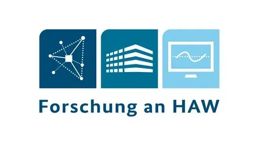 Logo mit drei Symbolen: links ein Netzwerkdiagramm, in der Mitte ein stilisiertes Gebäude und rechts ein Monitor mit Diagramm. Text darunter: „Forschung an HAW“.