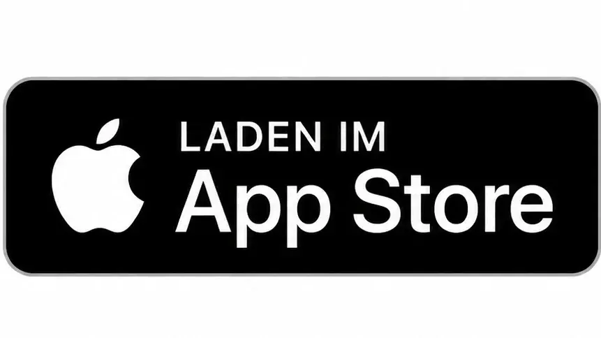 Schwarzes Banner mit weißem Text, auf dem steht: „LADEN IM App Store“ und einem Apple-Logo auf der linken Seite.