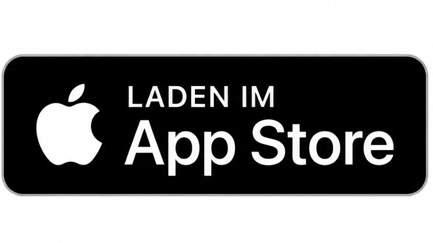 Schwarzes Banner mit weißem Text, auf dem steht: „LADEN IM App Store“ und einem Apple-Logo auf der linken Seite.