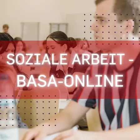 Konzentrierte Studierende in einem Vorlesungssaal, Aufschrift mit "Soziale Arbeit - BASA-online"Konzentrierte Studierende in einem Vorlesungssaal, Aufschrift mit "Soziale Arbeit - BASA-online"