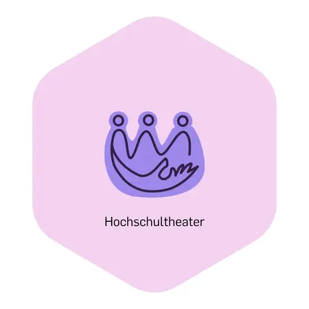 Symbol eines Hochschultheaters, dargestellt durch eine stilisierte Krone mit drei Figuren. Darunter steht der Text „Hochschultheater“. Der Hintergrund ist in einem sanften Rosa gehalten.