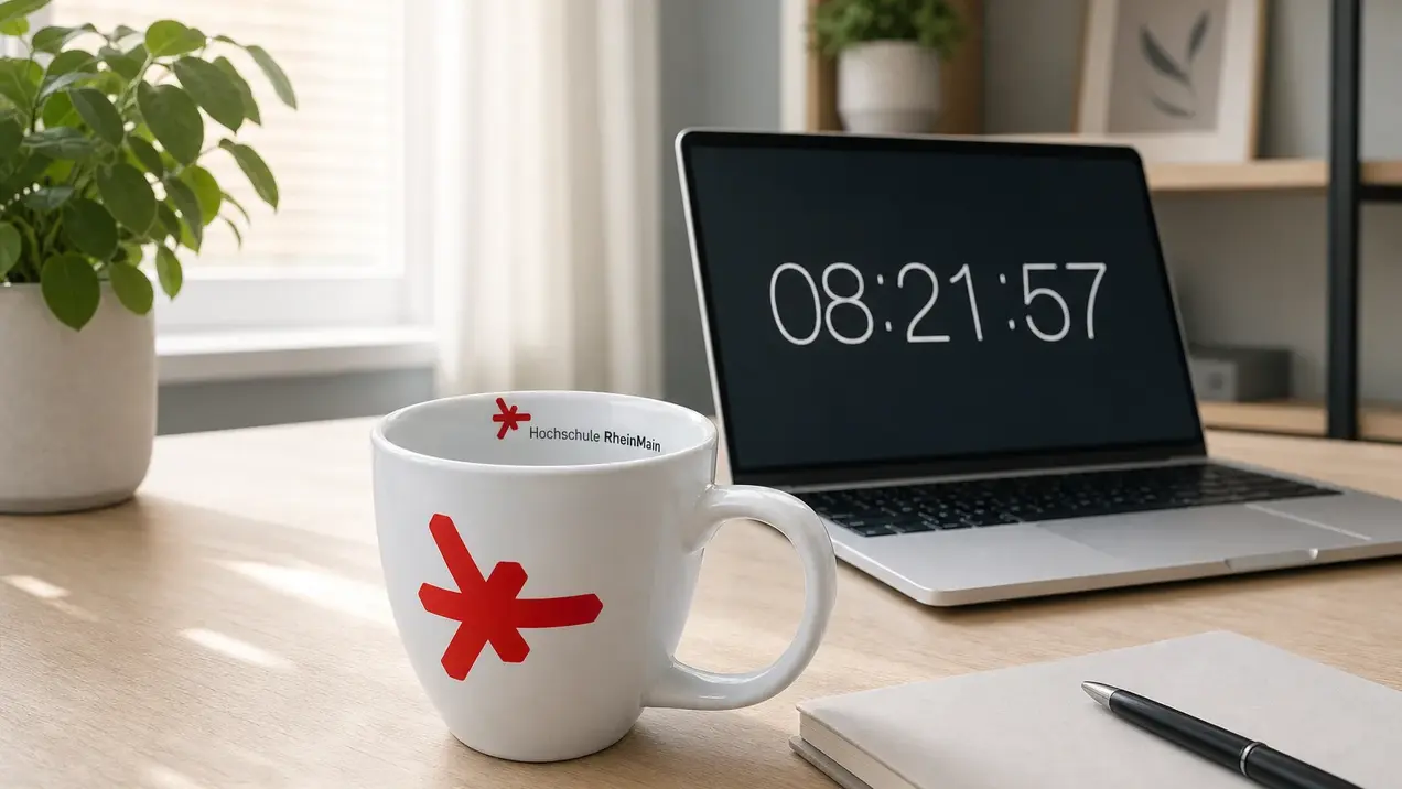 Eine weiße Tasse mit rotem Logo der Hochschule RheinMain steht auf einem Schreibtisch. Im Hintergrund befindet sich ein Laptop, auf dessen Bildschirm eine Uhr mit der Zeit 08:21:57 angezeigt wird. Ein Blatt Papier und ein Stift liegen ebenfalls auf dem Schreibtisch.