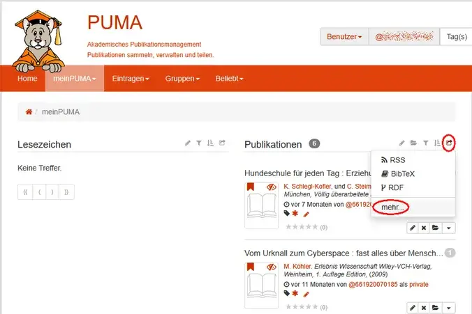 Liste Lesezeichen in PUMA