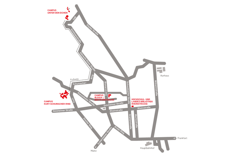 Lageplan der Standorte der Hochschule RheinMain in Wiesbaden