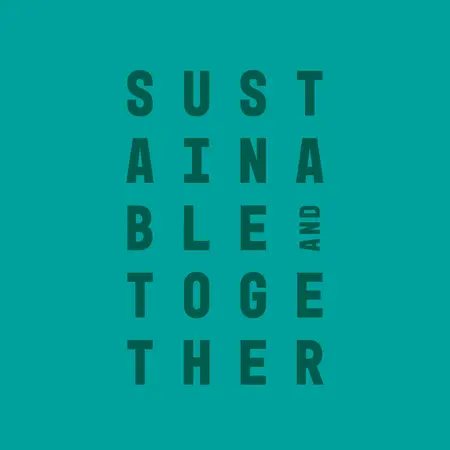The image features the title “SUSTAINABLE AND TOGETHER” in bold, stacked lettering against a teal background, reflecting themes of collaboration and sustainability. Below, the text indicates it's the "ANNUAL REPORT" for Hochschule RheinMain, dated 2022.