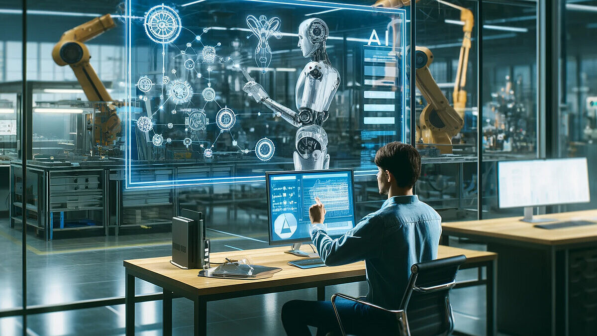VaStNet: Produktions- und Lieferketten mit KI optimieren Mensch sitzt vor einem VR-Bildschirm, im Hintergrund ist eine Produktionshalle zu sehen