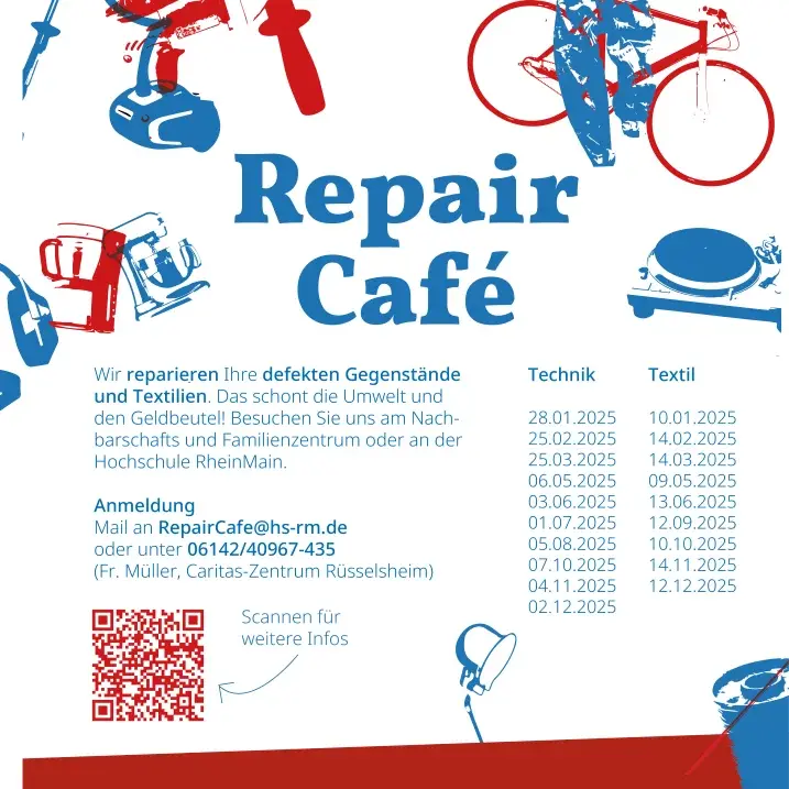 Ein Plakat mit den Terminen des Repair Cafes der Hochschule RheinMain