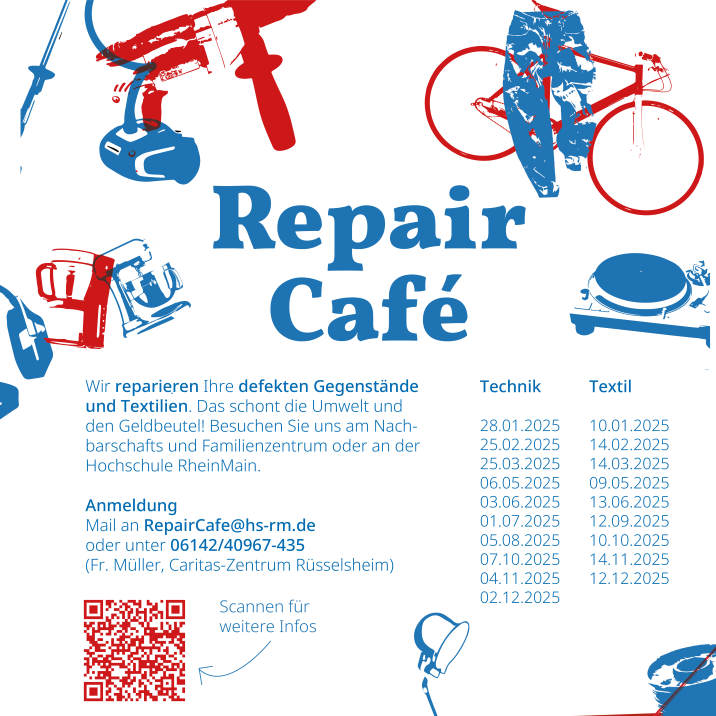Poster Repair Cafe Ein Plakat mit den Terminen des Repair Cafes der Hochschule RheinMain