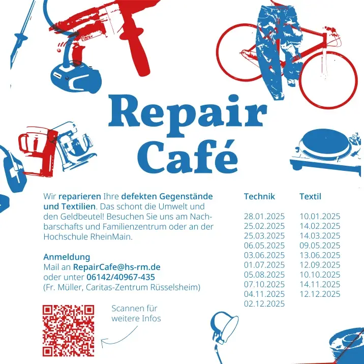 Ein Plakat mit den Terminen des Repair Cafes der Hochschule RheinMain