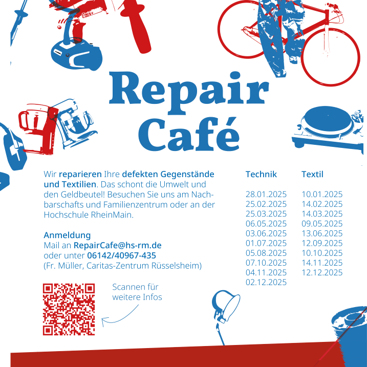 Ein Plakat mit den Terminen des Repair Cafes der Hochschule RheinMain