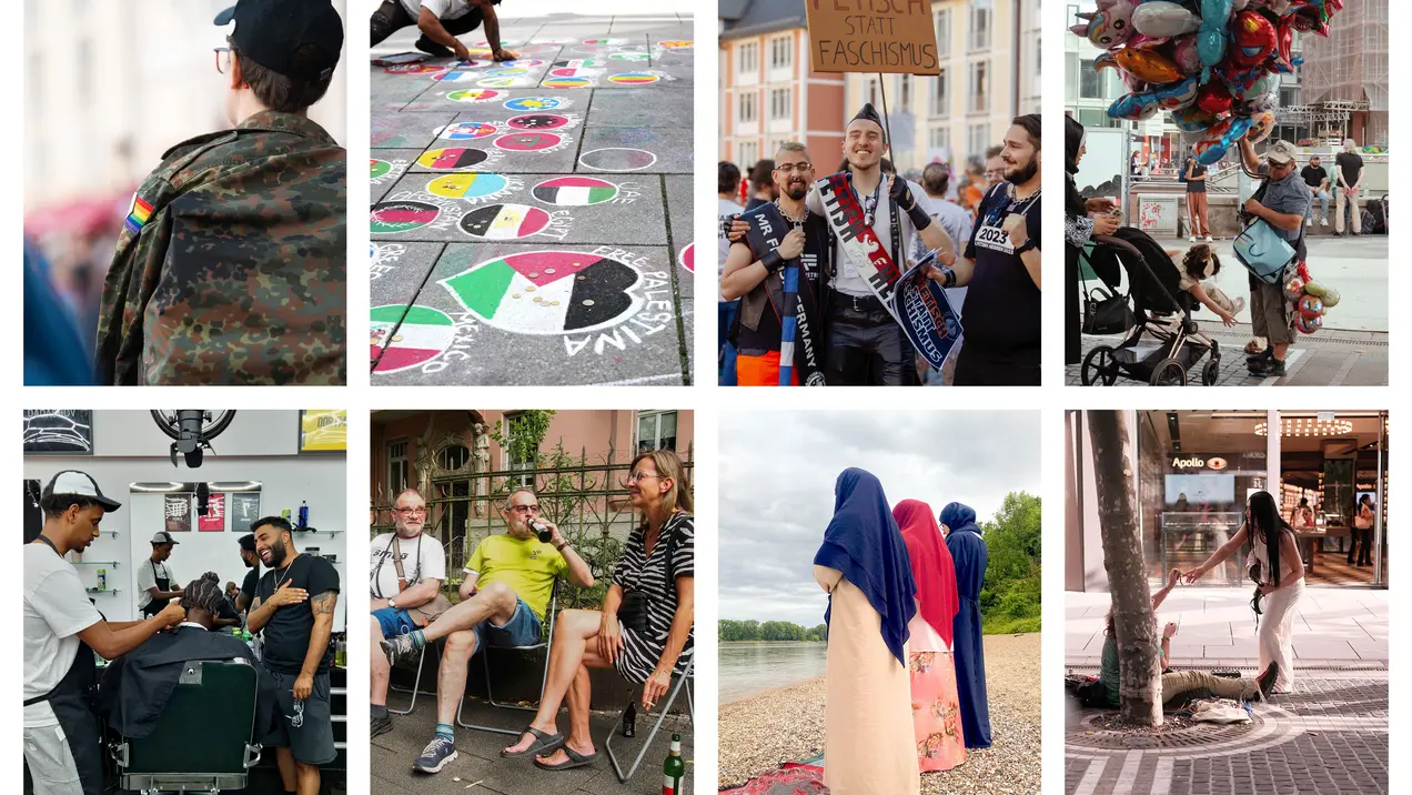 Die Collage zeigt verschiedene Szenen aus dem Stadtleben: Menschen in interaktiven Aktivitäten, Veranstaltungen und Gruppen in alltäglichen Situationen. Es wird Vielfalt und Gemeinschaft betont, sowie das Zusammenspiel verschiedener Kulturen und sozialer Interaktionen.