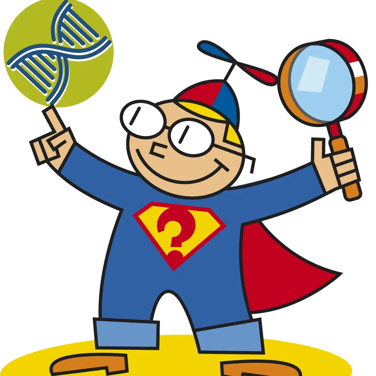 Eine Comicfigur in einem Superheldenkostüm mit einer roten Umhang, die eine Lupe in einer Hand und ein DNA-Symbol in der anderen hält. Die Figur hat eine Brille und einen bunten Hut. Der Ausdruck vermittelt Neugierde und Entdeckung.