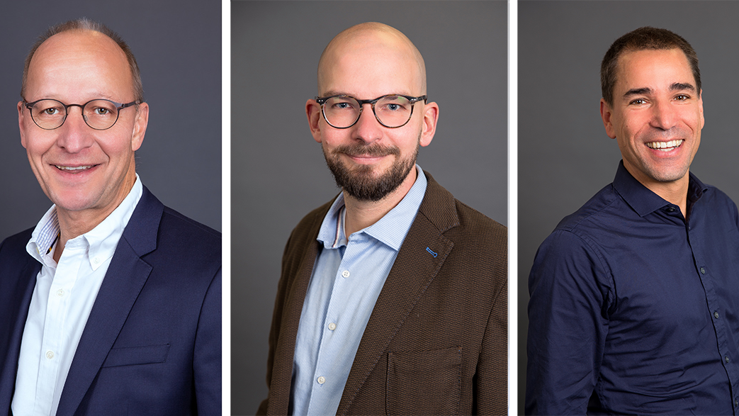 Drei Porträtfotos von Prof. Dr.-Ing. Robert Kanz, Prof. Dr. Matthias Kowald, Prof. Dipl. Arch. Sascha Luippold