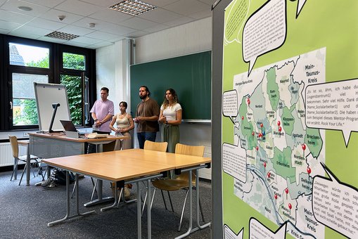 Vier junge Menschen stehen während einer Präsenation vor einer Tafel in einem Seminarraum, rechts daneben ist eine Stellwand mit einer Karte und Sprechblasen zu sehen.
