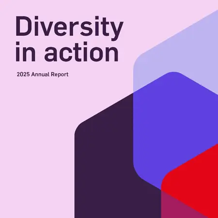 Das Bild zeigt den Titel "Diversity in action" und den Untertitel "2025 Annual Report" in einer modernen Schriftart. Der Hintergrund ist rosa und es gibt geometrische Formen in verschiedenen Farben, die den Titel umrahmen.