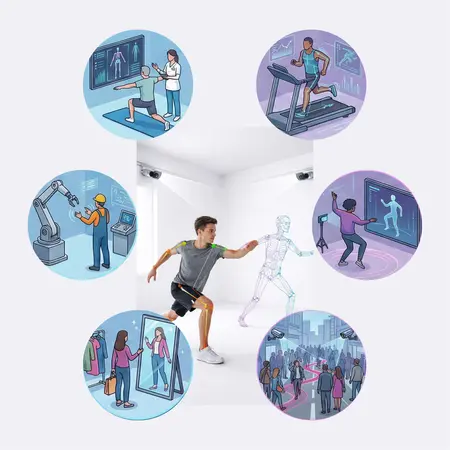 Eine dynamische Darstellung, die einen jungen Mann zeigt, der aktiv läuft. Um ihn herum sind sechs Illustrationen, die verschiedene Themen wie Fitness, Technik und Alltag darstellen, darunter Trainingsgeräte, eine digitale Interaktion und menschliche Bewegungen.