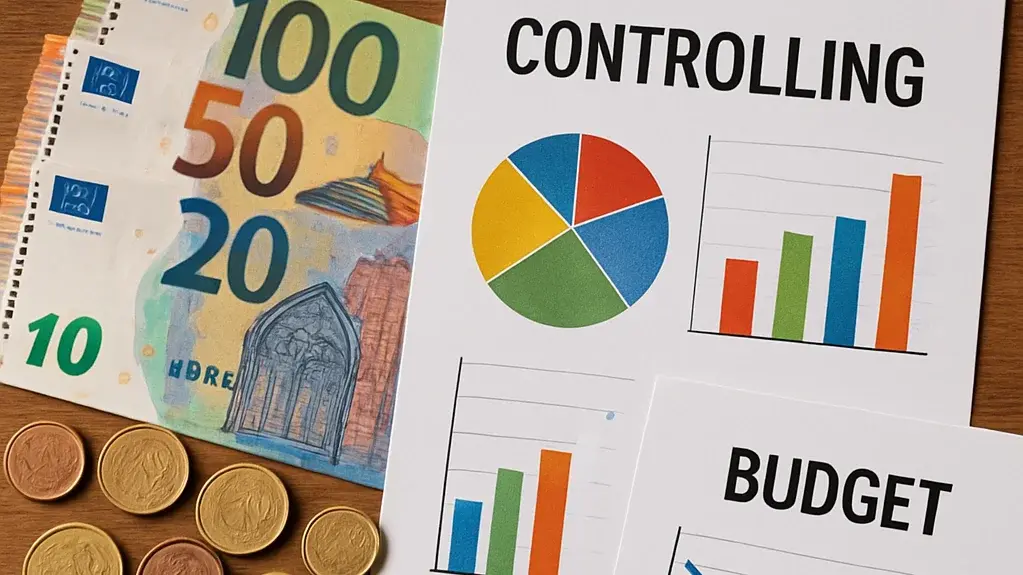 Auf der Holzoberfläche liegen verschiedene Geldscheine und Münzen. Neben dem Geld befinden sich zwei Dokumente mit den Überschriften "CONTROLLING" und "BUDGET". Das erste Dokument zeigt ein Tortendiagramm und Balkendiagramme, während das zweite Dokument einen abwärts gerichteten Trend zeigt. Ein Stift liegt ebenfalls dabei.