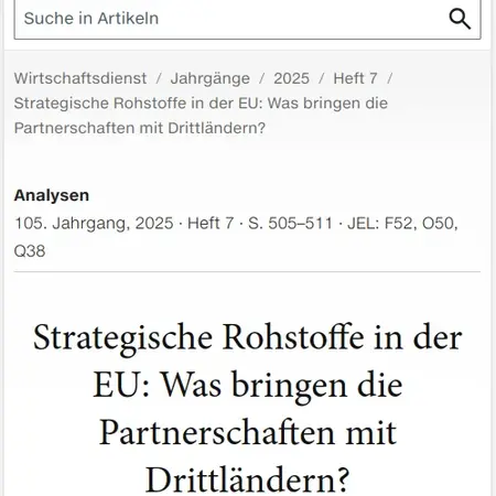 Titel Publikation Britta Kuhn Titelblatt der Publikation von Britta Kuhn in der Zeitschrift Wirtschaftsdienst mit dem Titel "Strategische Rohstoffe in der EU: Was bringen die Partnerschaften mit Drittländern?"