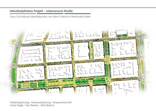 Titelseite der Projektarbeit "Lebensraum Straße" mit einem Straßenplan des untersuchten Quartiers in der Innenstadt Wiesbadens