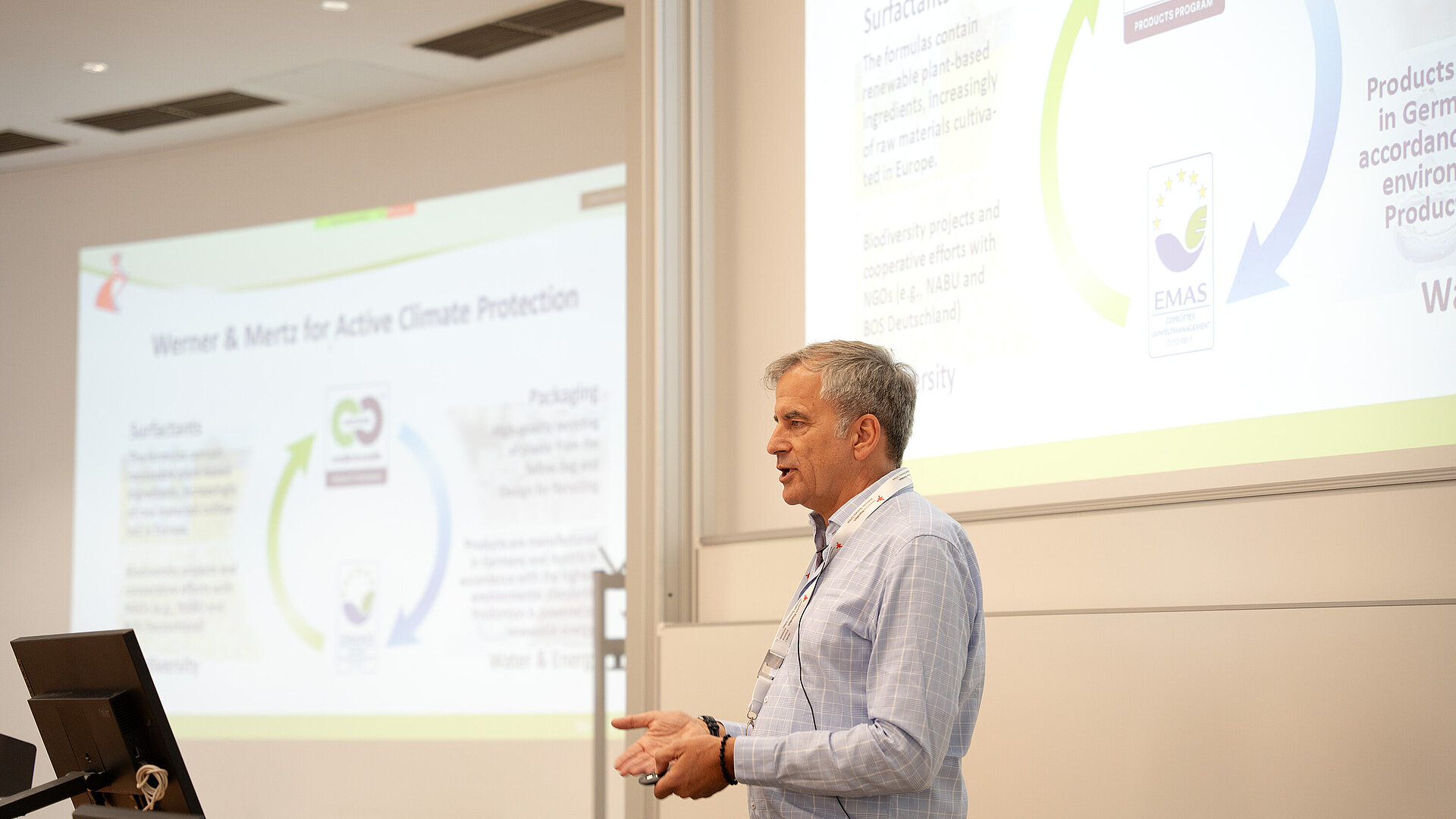 Timothy Glaz, Leiter Corporate Affairs bei Werner & Mertz, als Keynote-Speaker beim International Symposium on Logistis (ISL) 2025 an der Wiesbaden Business School.