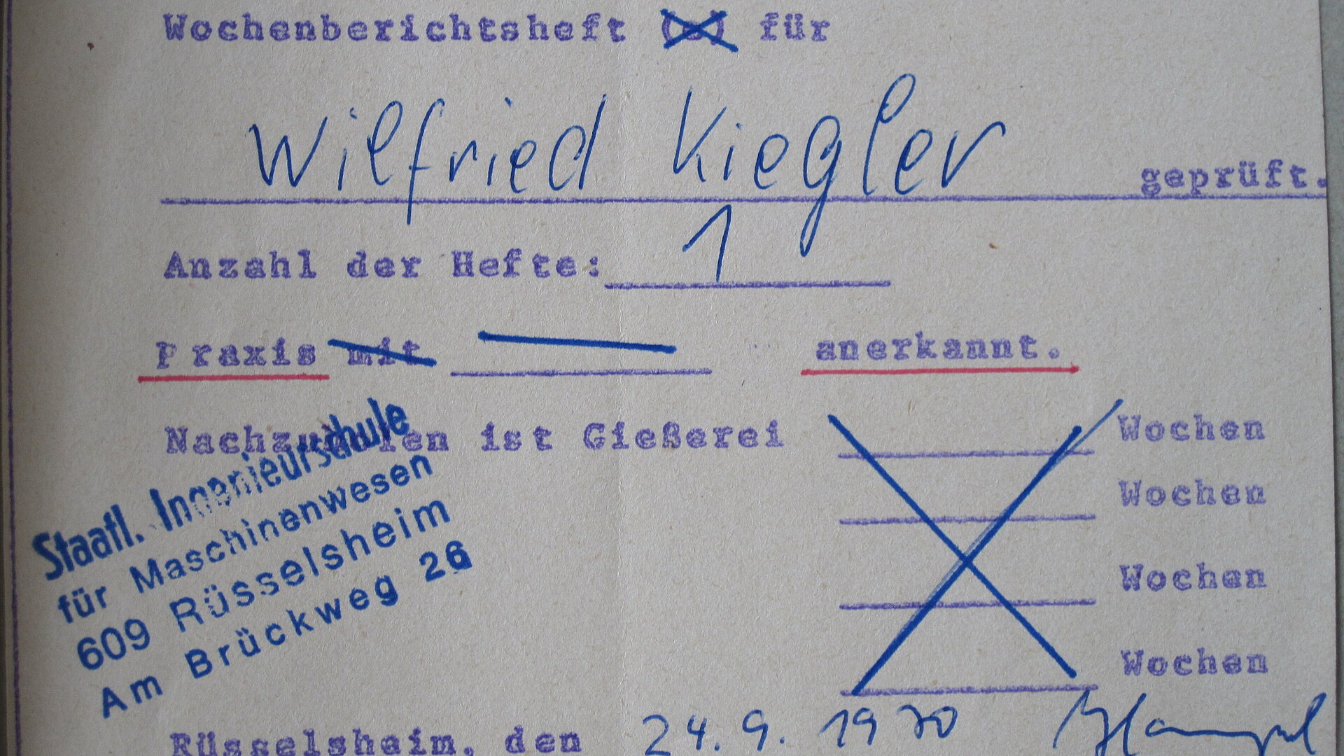 Wochenberichtsheft der staatlichen Ingenieurschule