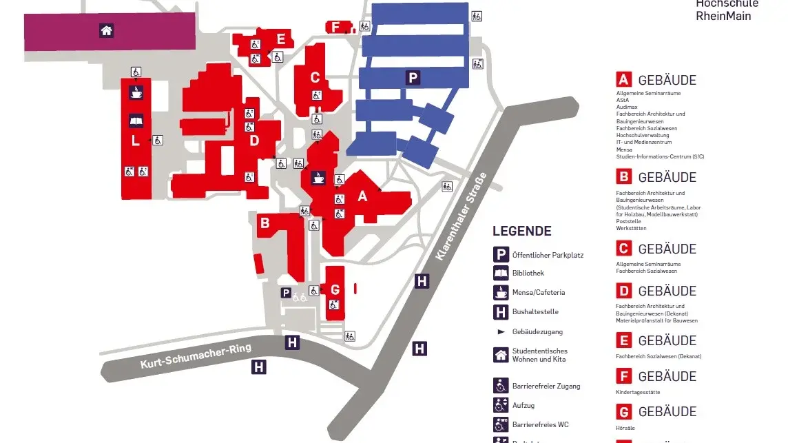 Schematische Darstellung des Campus Kurt-Schumacher-Ring der Hochschule RheinMain