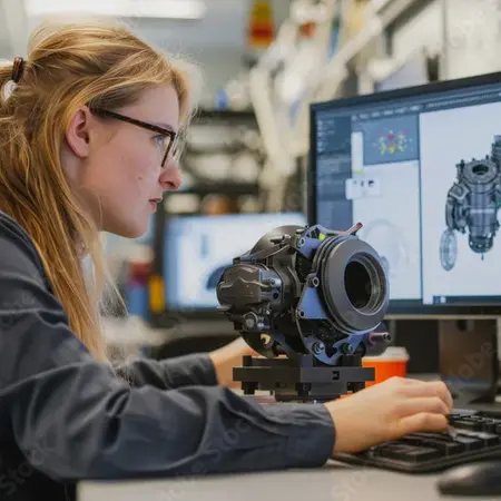 Studentin mit 3D Software für mechanische Konstruktionen