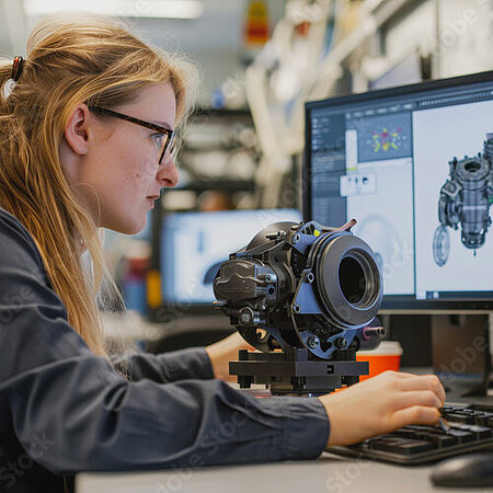 Studentin setzt 3D Software ein Studentin mit 3D Software für mechanische Konstruktionen