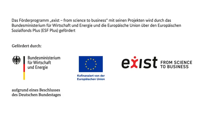 Das Förderprogramm „exist – from science to business“ wird vom Bundesministerium für Wirtschaft und Energie sowie der Europäischen Union gefördert. Die Logos des Bundesministeriums, der Europäischen Union und des Programms sind ebenfalls abgebildet.