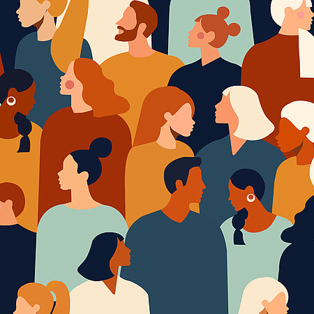 Diverse Menschen über das gesamte Bild erstreckt, die in alle verschiedene Richtungen gucken