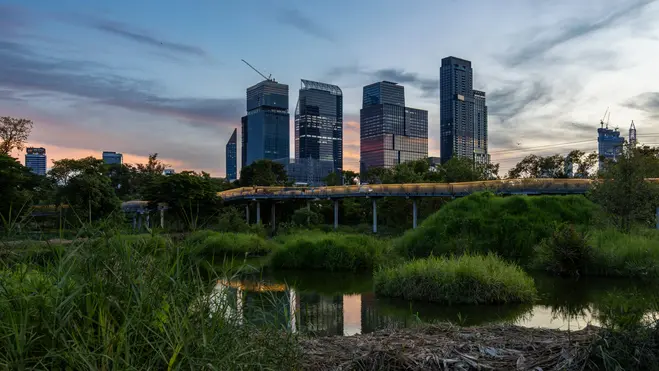 Eine Skyline mit modernen Wolkenkratzern reflektiert sich in einem ruhigen Gewässer, umgeben von üppiger Vegetation. Der Himmel zeigt sanfte Farben während des Sonnenuntergangs. Der Kontrast zwischen der Natur und der urbanen Architektur ist deutlich sichtbar.