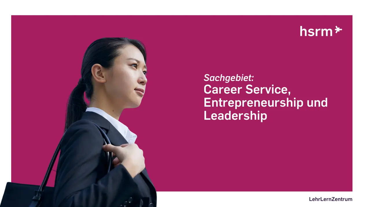 Das Bild zeigt eine nachdenkliche junge Frau in einem professionellen Anzug. Auf der rechten Seite steht der Text: "Sachgebiet: Career Service, Entrepreneurship und Leadership". Der Hintergrund ist in einem lebhaften Lila gehalten.