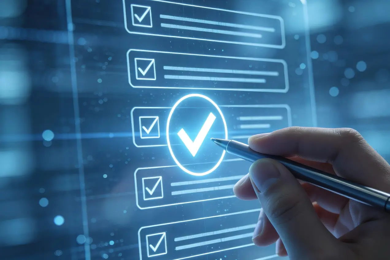 Eine Hand hält einen Stift und markiert ein Häkchen auf einer digitalen Checkliste. Der Hintergrund zeigt verschiedene grafische Elemente, die eine technische Atmosphäre erzeugen.