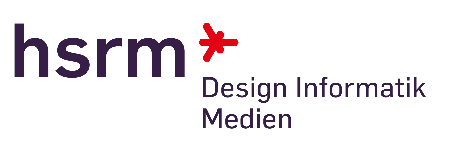 Das Bild zeigt das Logo der Hochschule für Schwarzwald-Raum-Management, mit dem Schriftzug „hsrm“ in lila, gefolgt von einem roten Flugzeugsymbol und den Worten „Design Informatik Medien“ in Schwarz.