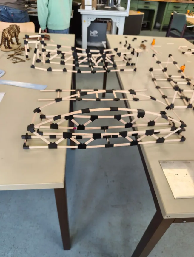 Das Bild zeigt mehrere Modelle aus Holzstäbchen und schwarzen Verbindungsstücken, die auf einem Tisch angeordnet sind. Die Modelle bestehen aus verschiedenen geometrischen Formen und Konstruktionen. Im Hintergrund sind unscharfe Gegenstände und Personen zu erkennen, die jedoch nicht im Fokus stehen.