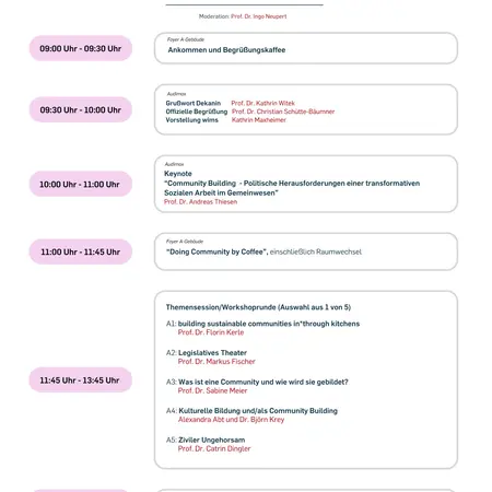 Das Bild zeigt ein Programm für eine Fachveranstaltung im Bereich Sozialwesen am 19.06.2026. Es enthält Zeitangaben für verschiedene Programmpunkte, darunter Vorträge, Workshops und eine Abschlussdiskussion. Moderiert wird die Veranstaltung von Prof. Dr. Ingo Neupert.