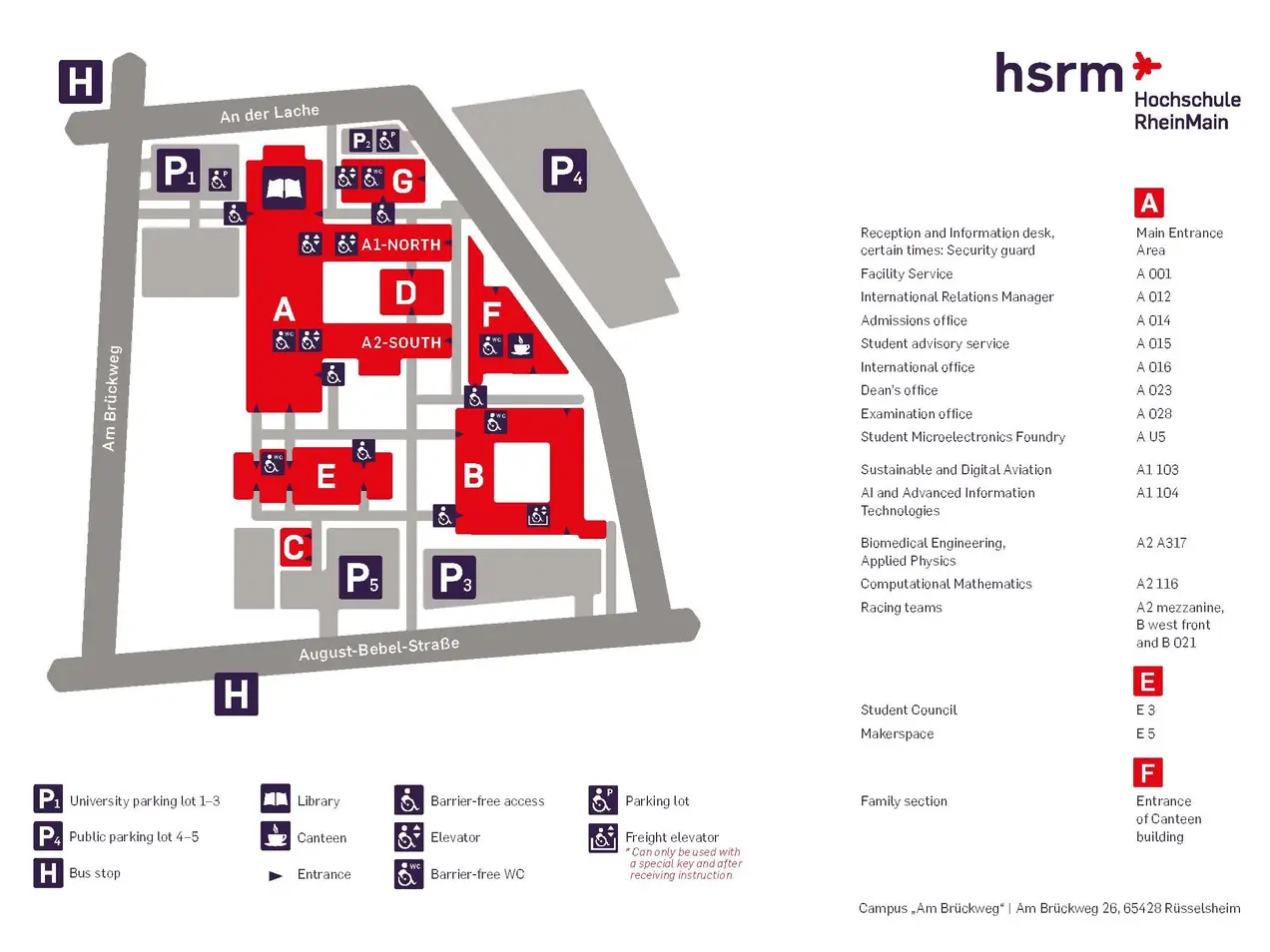Kartenansicht des Campus der Hochschule RheinMain. Gebäude und Bereiche sind nummeriert und farblich markiert. Wichtige Einrichtungen wie die Bibliothek, der Studierendenrat und Parkmöglichkeiten sind hervorgehoben. Der Plan bietet eine Orientierungshilfe für Besucher und Studierende.