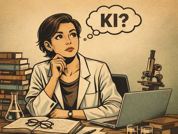 Eine nachdenkliche Wissenschaftlerin sitzt an einem Schreibtisch, umgeben von Büchern und Laborgläsern. Sie betrachtet einen Laptop, während sie über das Thema "KI?" nachdenkt. Im Hintergrund befindet sich ein Mikroskop, was auf eine wissenschaftliche Umgebung hinweist.