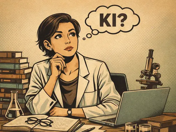 Eine nachdenkliche Wissenschaftlerin sitzt an einem Schreibtisch, umgeben von Büchern und Laborgläsern. Sie betrachtet einen Laptop, während sie über das Thema "KI?" nachdenkt. Im Hintergrund befindet sich ein Mikroskop, was auf eine wissenschaftliche Umgebung hinweist.