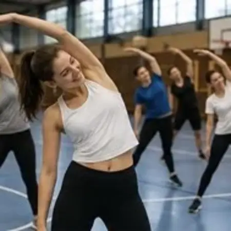 Eine Gruppe junger Menschen übt in einer Sporthalle Dehnübungen. Die Vordergrundperson, eine Frau in einem weißen Top, beugt sich zur Seite. Die anderen Teilnehmer folgen synchron, alle tragen sportliche Kleidung. Die Atmosphäre vermittelt Energie und Aktivität.