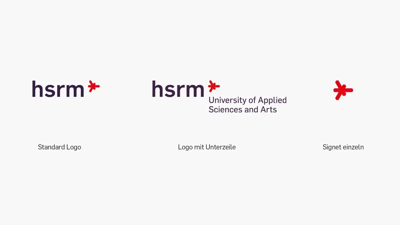 Auf dem Bild sind drei Variationen des Logos der Hochschule RheinMain dargestellt: das Standardlogo, das Logo mit Unterzeile in englischer Sprache und das einzelne Signet.