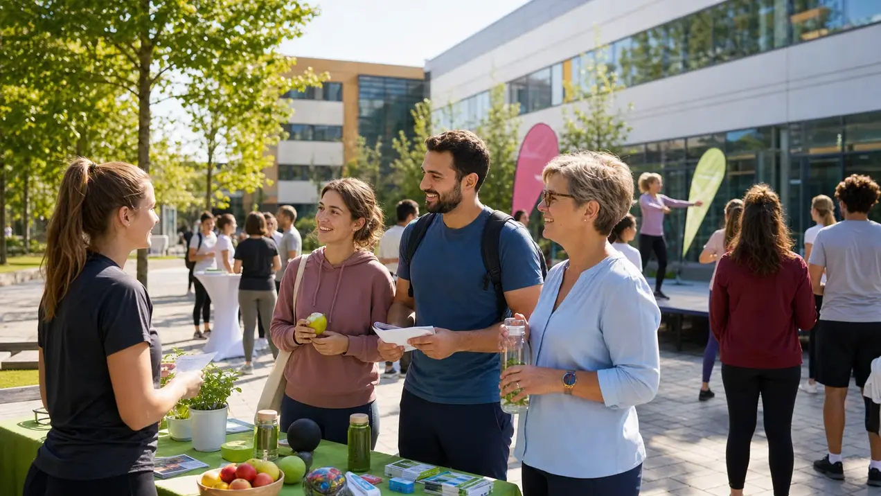 Hochschulangehörige nehmen an einem Gesundheitstag auf dem Campus teil. 