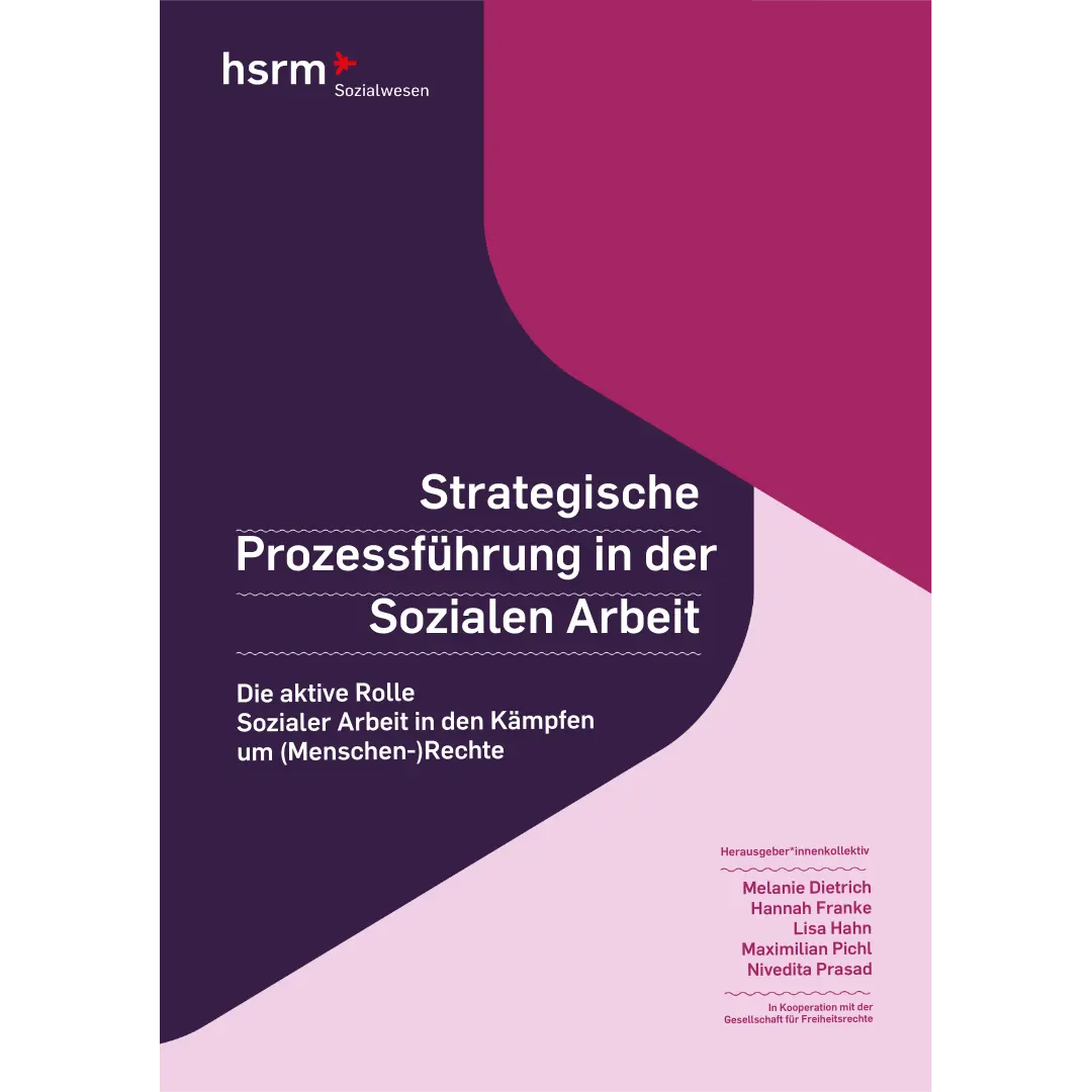Das Bild zeigt das Cover eines Buches mit dem Titel „Strategische Prozessführung in der Sozialen Arbeit“. Es behandelt die aktive Rolle der Sozialen Arbeit in den Kämpfen um Menschenrechte. Darüber hinaus sind die Herausgeberinnen aufgeführt: Melanie Dietrich, Hannah Franke, Lisa Hahn, Maximilian Pichl und Nivedita Prasad.