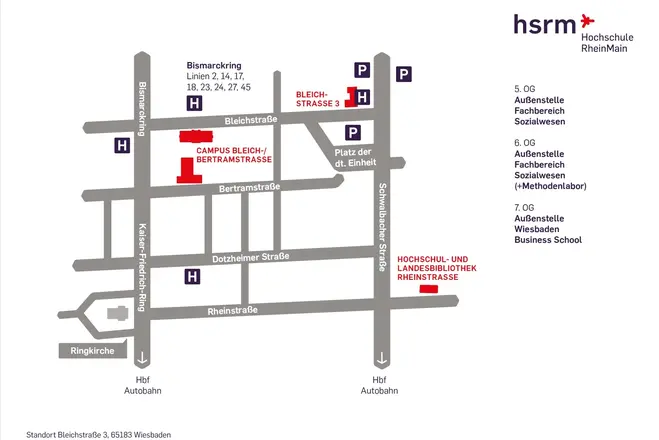 Schematische Darstellung des Campus Bleichstraße 3 der Hochschule RheinMain