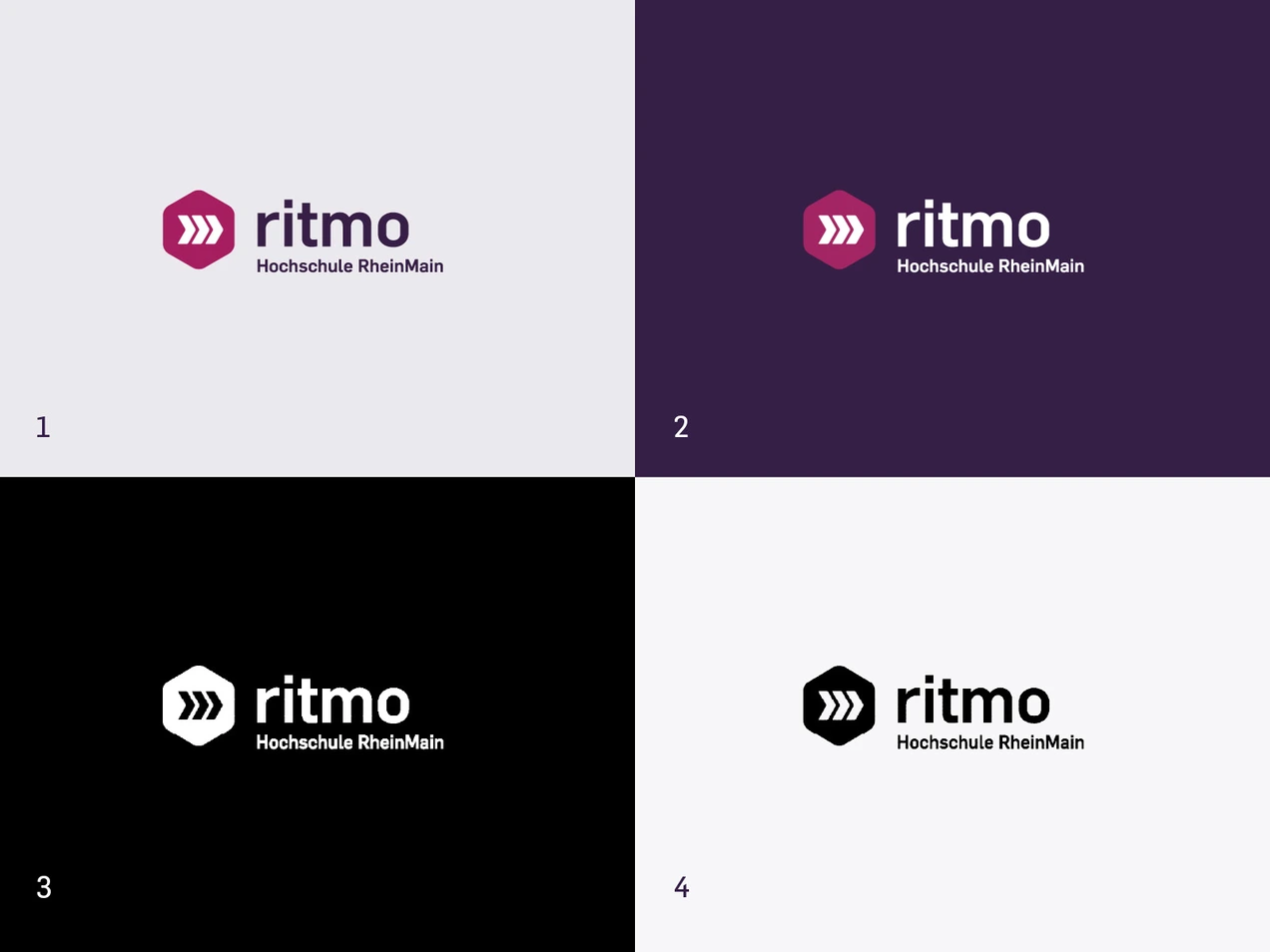 Die Abbildung zeigt vier Farbvarianten eines Submarken-Logos der Hochschule RheinMain.
