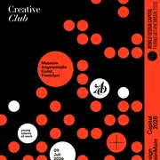 Das Bild enthält Informationen zu einer Veranstaltung im Museum Angewandte Kunst in Frankfurt. Der Text erwähnt „Creative Club“, das Datum 09. Juli 2026 und das Thema „young talents at work“ im Rahmen des Welt-Design-Hauptstadt RheinMain 2026. Rote und weiße Punkte sind präsent.