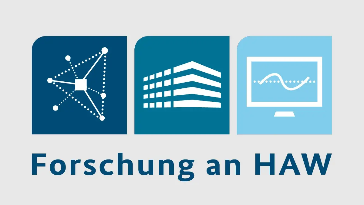 Das Bild zeigt drei Symbole: ein Netzwerkdiagramm, ein Gebäude und einen Computerbildschirm mit einer grafischen Darstellung von Daten. Darunter steht der Text "Forschung an HAW". Es vermittelt das Thema Forschung in Verbindung mit modernen Technologien und Einrichtungen.